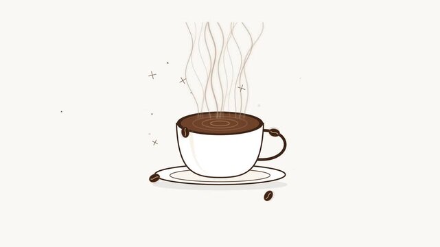 Animated coffee cup with rising steam and floating beans, 2D motion for cafe branding, morning routine, and restaurant menus al