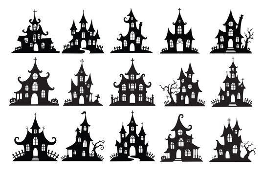 Haunted House Silhouette Collection. 15 Spooky Gothic Halloween Mansion and Castle Design. Halloween Icon set.