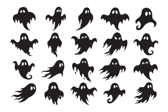 Halloween Ghost Silhouette Set . 20 Spooky Floating Phantom and Spirit Clipart Designs. Halloween Icon set.