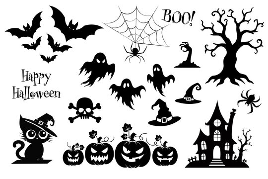 Halloween Silhouette Clipart Set . Bats, Ghosts, Pumpkins, Witch Hats, Haunted House and Spooky Icons. Halloween icon set.