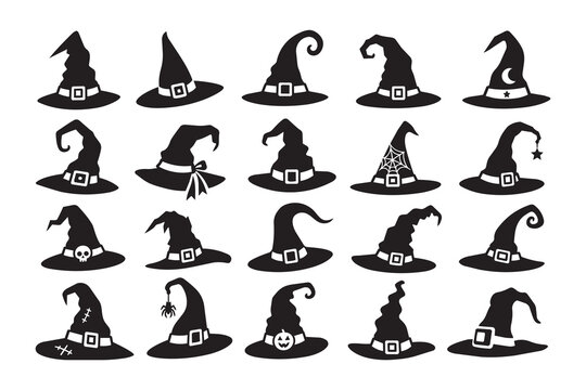 Halloween Witch Hat Silhouette Set, 20 Spooky Wizard Hat Icons and Magical Clipart Designs. Halloween Icon set.