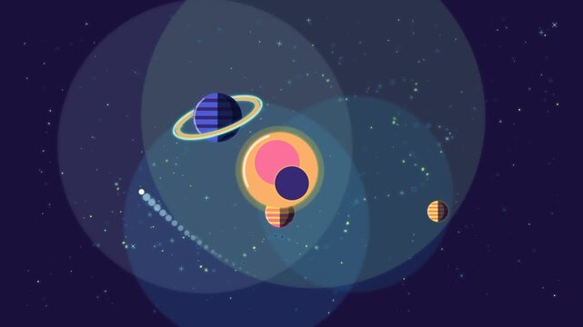 Animated flat solar system with orbiting planets and comets in deep space background, al astronomy universe