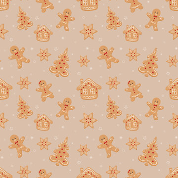 Christmas Gingerbread Seamless Pattern, Festive Cookies, Gingerbread Man, Tree, House and Snowflake Background. Christmas seamless.
