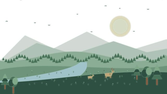 Minimalist flat landscape animation with deer by river, rolling hills, and flying birds flat nature mountains
