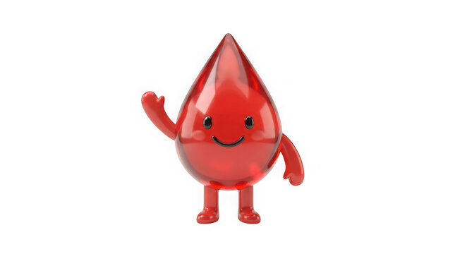Cute cartoon red blood drop character waving hello isolated on transparent background