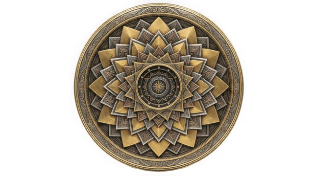 Intricate circular mandala wall art with layered geometric floral patterns in metallic gold and bronze tones isolated on transparent background