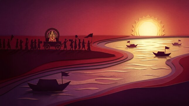 This vector illustration depicts silhouettes of a procession carrying an idol on a palanquin set against a sunset seascape. The scene features boats on the water and a warm red-orange color palette. T