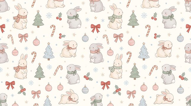 Seamless christmas pattern featuring cute hand-drawn rabbits with scarves, christmas trees, candy canes, ornaments, and bows on a white background