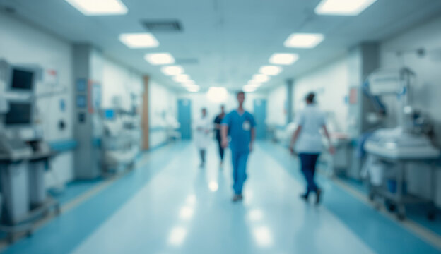 Blurry hospital hallway with several people walking, conveying a busy healthcare environment.