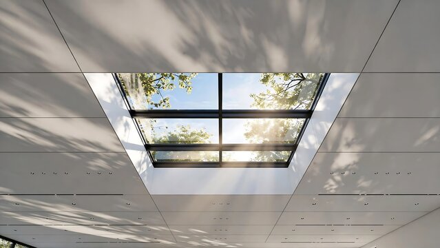 Sunlight streaming through skylight ceiling interior design.