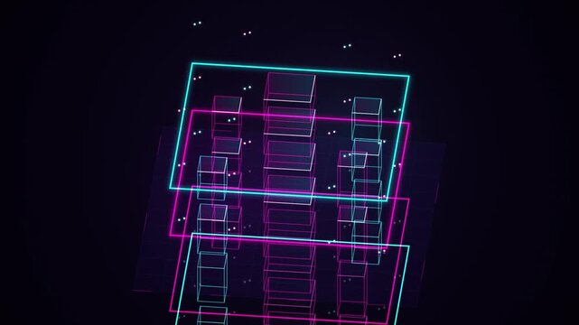 Neon digital data cubes abstract background, with glowing geometric, frames and particle, motion technology