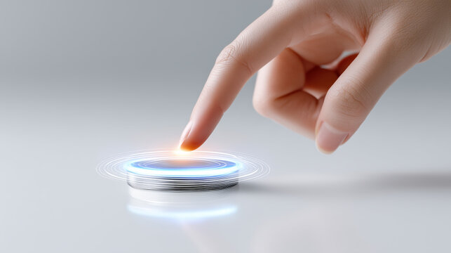 Push button switch pressed by human finger. Sleek metallic start trigger on white office table