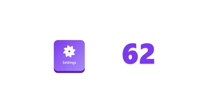 Settings app icon and number sixty two. Purple rounded square interface element with gear symbol and numerical counter display. Clean UI design asset for mobile applications and software.