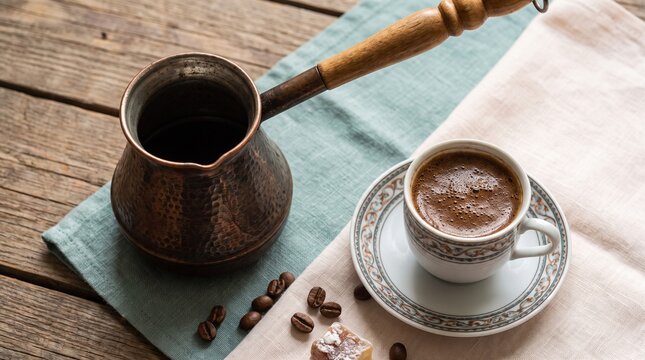 Traditional turkish coffee in copper pot and ceramic cup on rustic