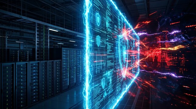 Glowing blue digital wall with shield in a dark server room, with red energy streams attacking the network security infrastructure