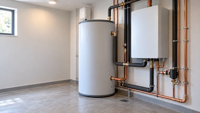 Hot water cylinder and heating equipment in a residential utility room
