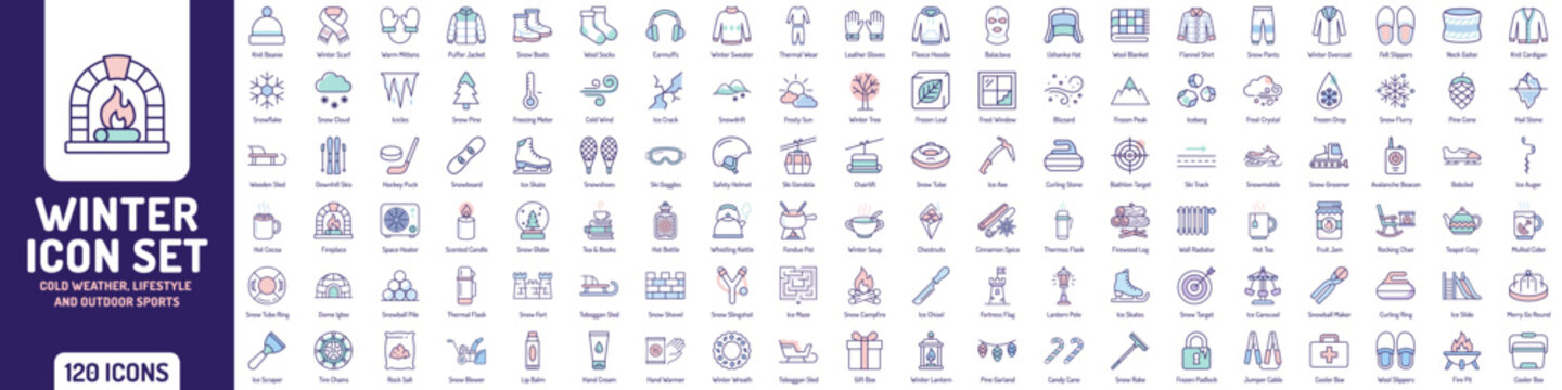 Winter Icon Set for Cold Weather Lifestyle Outdoor Sports Snow Clothing and Holiday Essentials UI Vector Bundle