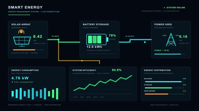 Smart Energy Management Dashboard with Solar Power, Battery Storage, Smart Grid Monitoring, Renewable Energy Analytics, Electricity Consumption Charts and Vector UI Design
