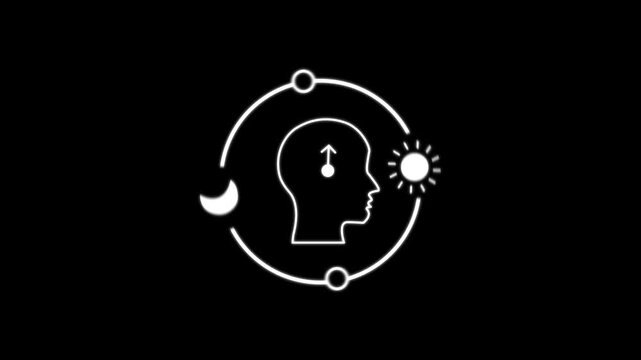 Circadian health line animation on white background. Sleep wake cycle regulation. Circadian health human head integrates clock and day night cycle. Suitable for health and wellness concepts.