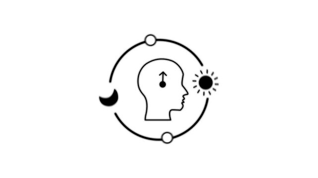 Circadian health line animation on white background. Sleep wake cycle regulation. Circadian health human head integrates clock and day night cycle. Suitable for health and wellness concepts.