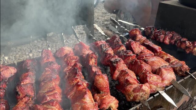 Slow motion close-up of juicy shashlik meat skewers grilling over hot charcoal, with thick smoke rising around the sizzling barbecue. Traditional outdoor BBQ cooking.