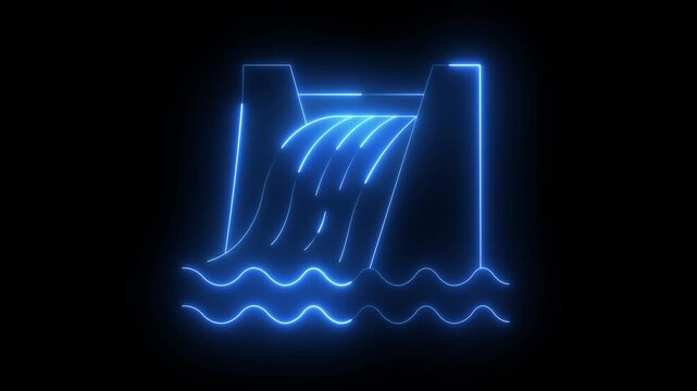 glowing neon Dam reservoir overflow icon animation. Hydroelectric dam icon for renewable energy and power generation. representing hydroelectric power and energy generated from water flow. 4k video.