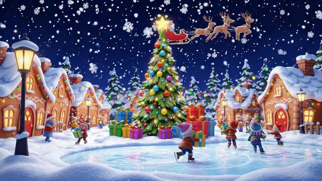 christmas celebration in the outdoor with snowfall in the night. with cartoon style. seamless looping time-lapse virtual video animation background.

