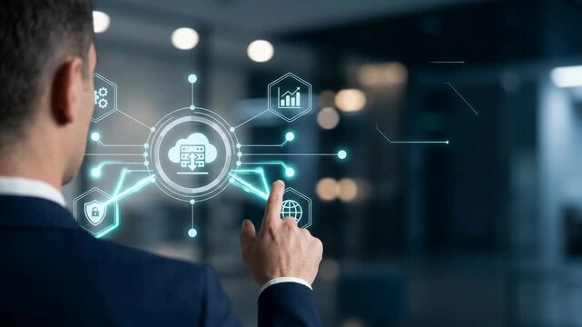 Businessman implementing digital transformation strategy on holographic cloud interface in office over-the-shoulder view photo of modern corporate network