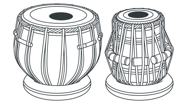 Black and white vector illustration of traditional Indian musical instrument tabla drum set isolated on white background