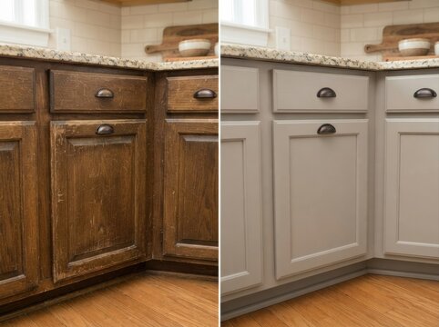 cabinet refinishing before after Kitchen cabinets shown in before and after refinishing with wood and painted finishes