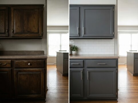 cabinet refinishing before after Before and after kitchen cabinet renovation showing dark wood and modern gray finish