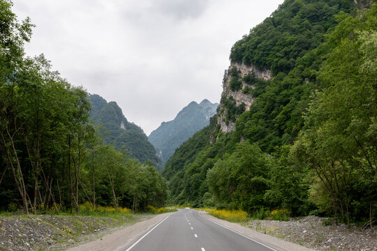 Scenic asphalt highway winding between steep rocky slopes covered with lush forest in Karmadon Gorge, North Ossetia, Russia during cloudy summer daytime with misty mountain ridge ahead