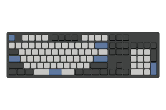 Top Down View of Computer Keyboard with Grey, Dark Grey, and Blue Accent Keycaps - Minimalist Tech Workstation Vector Line Art Illustration   