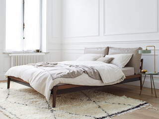 Modern luxury bedroom interior in minimal scandinavian style, 3d render © Yulichka