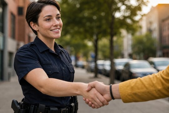 Smiling police officer shaking hands with civilian on a city street during community outreach