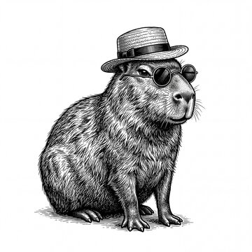 Vintage engraving of a capybara wearing a straw hat and round sunglasses, funny summer animal etching illustration isolated on white
