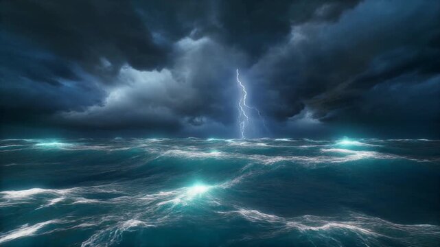 Turbulent Stormy Ocean Loop With Lightning Bolts Striking Waves And Water Glowing Under Flashes