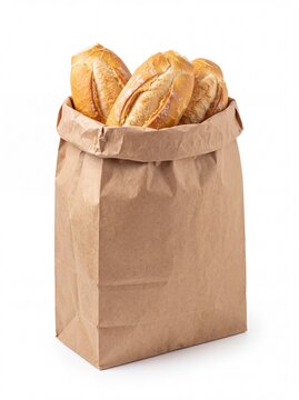 Blank brown kraft paper bakery bag with fresh bread rolls, plain unbranded packaging mockup isolated on white background