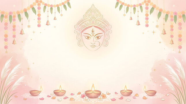 Celebratory background for durga puja festival featuring a goddess face, marigold flower garlands, and glowing oil lamps on a soft peach backdrop