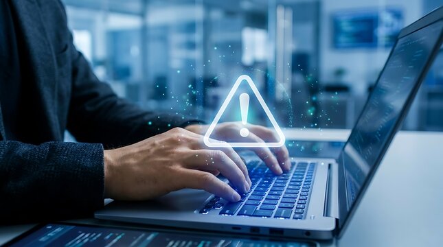 Cybersecurity expert typing on laptop with warning alert icon