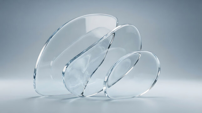 Group of three clear oval glass plates standing upright on a clean gray surface with soft light and realistic reflections transparent reflective