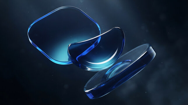 Abstract composition of floating deep blue glass discs on dark background with floating shapes translucent glass geometric shapes modern design
