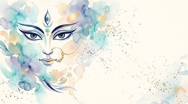 Artistic watercolor painting of goddess durga face with blue tones nose ring watercolor painting mythology spiritual abstract artistic