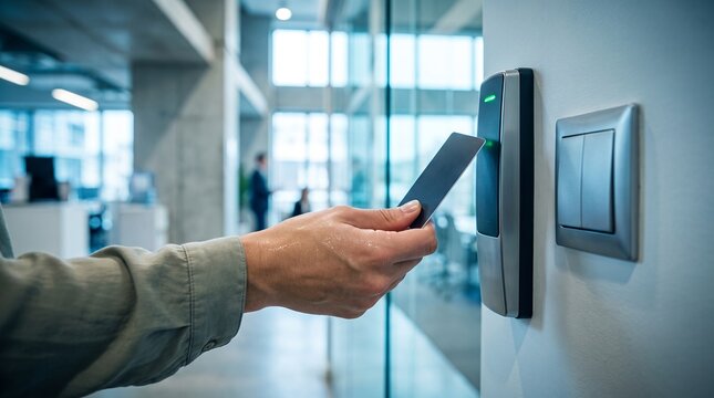 Hand holding access card to open electronic security lock on wall mounted key card reader with green indicator light