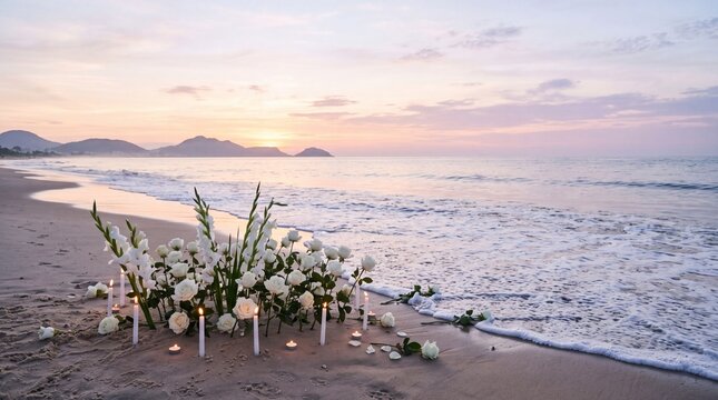 White flowers and candles on the sand at the edge of the sea at sunrise, Brazilian New Year beach offering tradition, no people