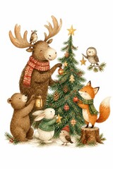 Fototapeta premium Whimsical woodland animals decorating a Christmas tree