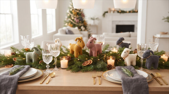 Christmas dining table setting with knitted goat figurines and evergreen garland