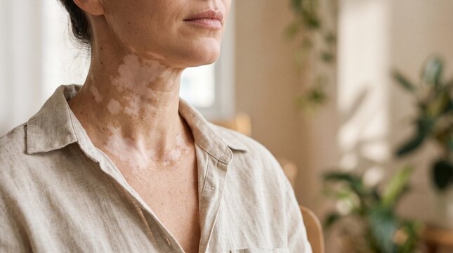 Close-Up of Vitiligo Depigmentation Patches on a Woman's Neck