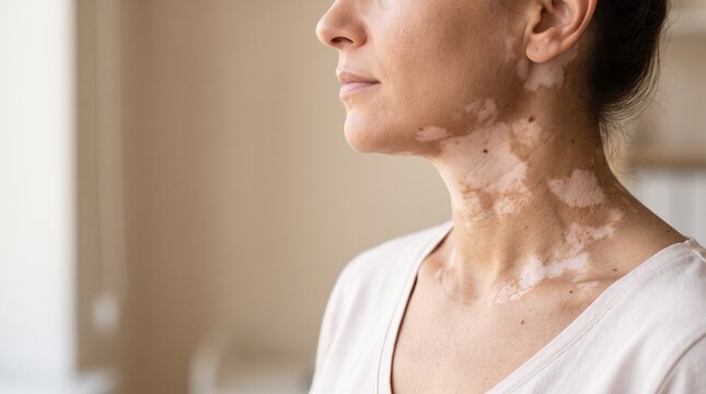 Close-Up of Vitiligo Depigmentation Patches on a Woman's Neck