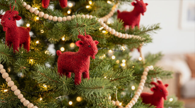 Christmas tree decorated with red knitted goat ornaments and wooden bead garland